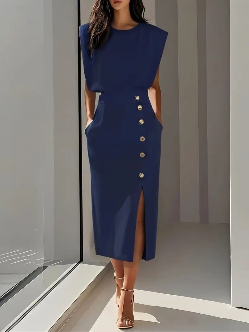 Nina | Women's Midi Dress with Side Slit - Navy Blue