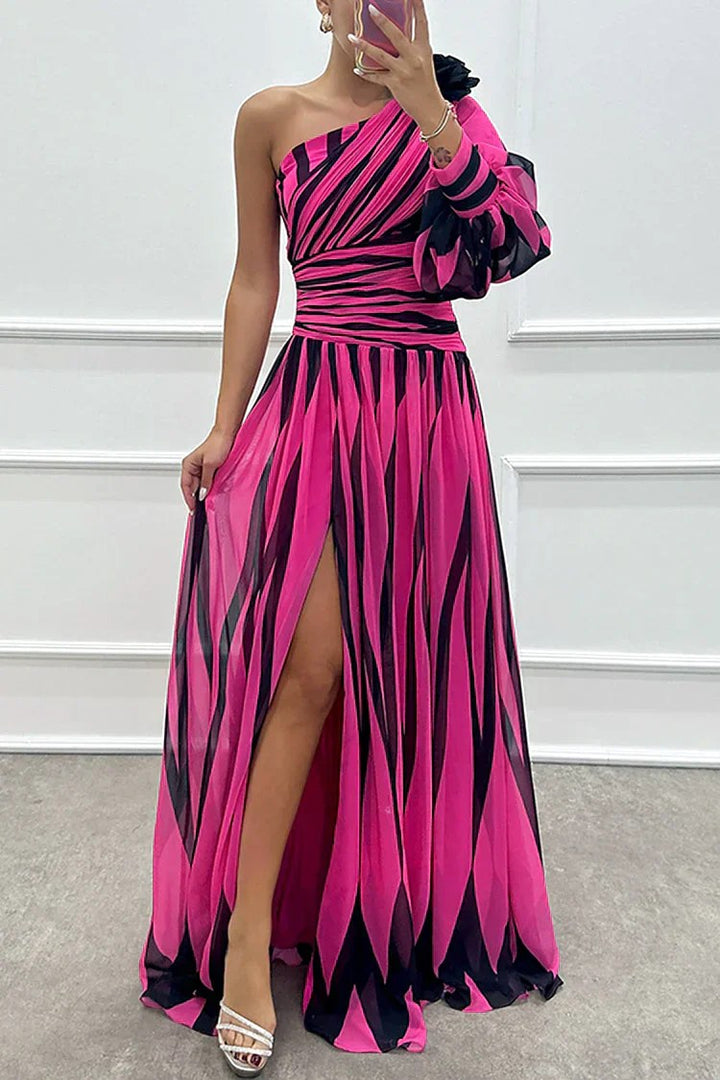 Noelle | Women's Asymmetrical One-Shoulder Striped Dress - Red