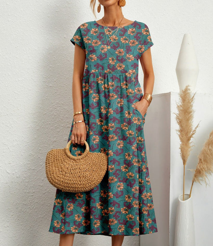 Nora | Women's Floral A-Line Midi Dress with Pockets - Blauw