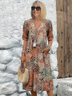 Olivia | Women's Floral Midi Dress with Tummy Coverage, Lightweight Summer Dress for Holidays and Resort Wear, Lightweight Summer Dress for Holidays and Resort Wear - Sandy Beige
