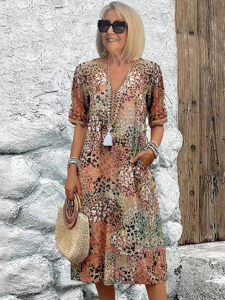 Olivia | Women's Floral Midi Dress with Tummy Coverage, Lightweight Summer Dress for Holidays and Resort Wear, Lightweight Summer Dress for Holidays and Resort Wear - Sandy Beige