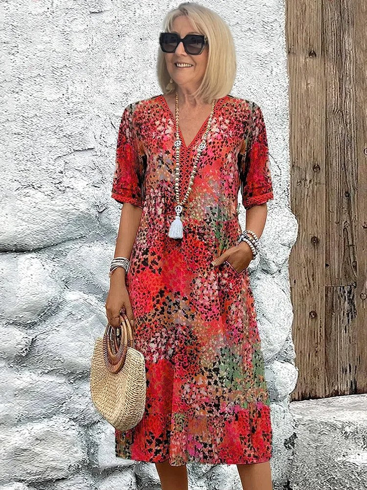 Olivia | Women's Floral Midi Dress with Tummy Coverage - Scarlet Red