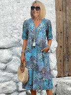 Olivia | Women's Floral Midi Dress with Tummy Coverage, Lightweight Summer Dress for Holidays and Resort Wear, Lightweight Summer Dress for Holidays and Resort Wear - Ocean Blue