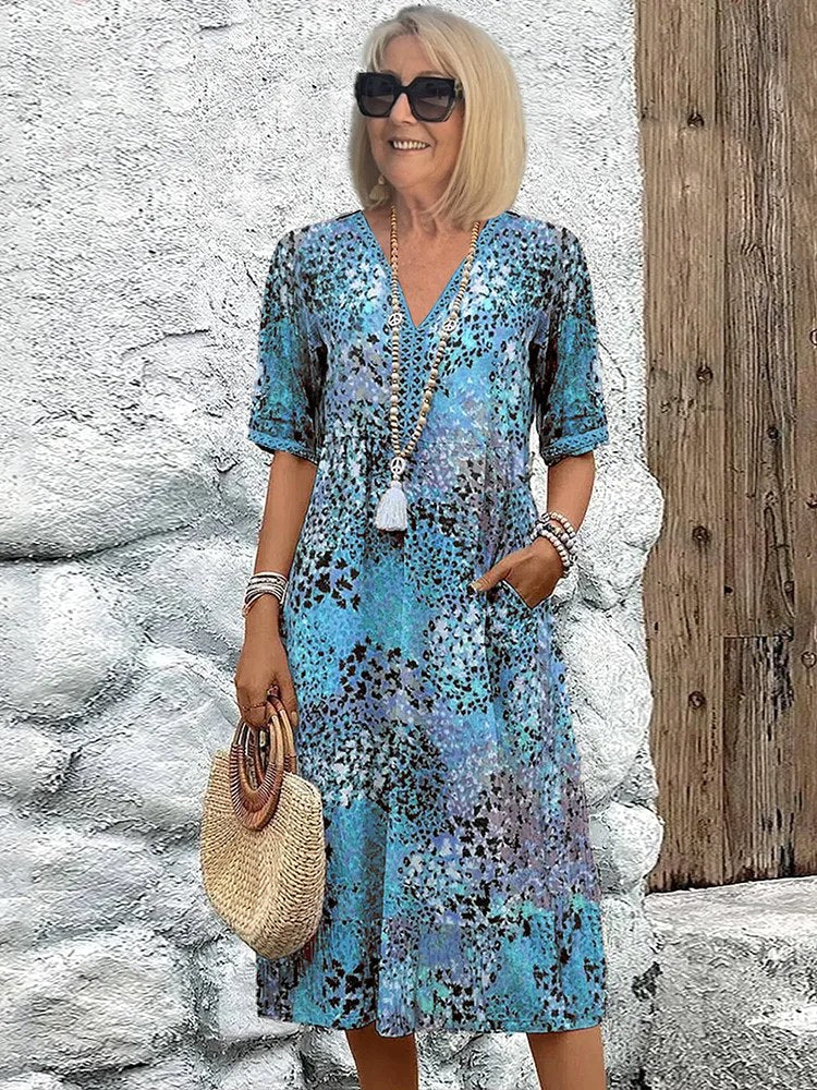 Olivia | Women's Floral Midi Dress with Tummy Coverage, Lightweight Summer Dress for Holidays and Resort Wear, Lightweight Summer Dress for Holidays and Resort Wear - Ocean Blue