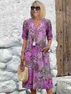Olivia | Women's Floral Midi Dress with Tummy Coverage, Lightweight Summer Dress for Holidays and Resort Wear, Lightweight Summer Dress for Holidays and Resort Wear - Lavender Purple
