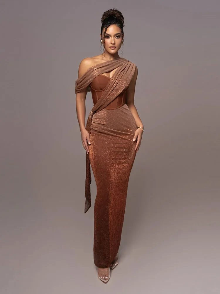 Olivia | Women's One-Shoulder Statement Dress - Brown