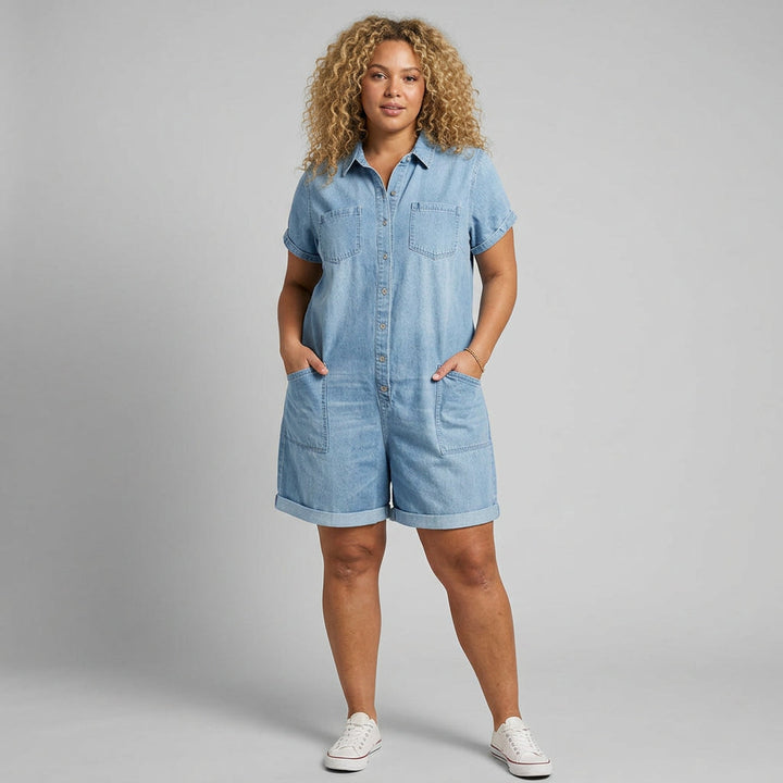 Joan | Vintage Short Cotton Denim-Look Overalls