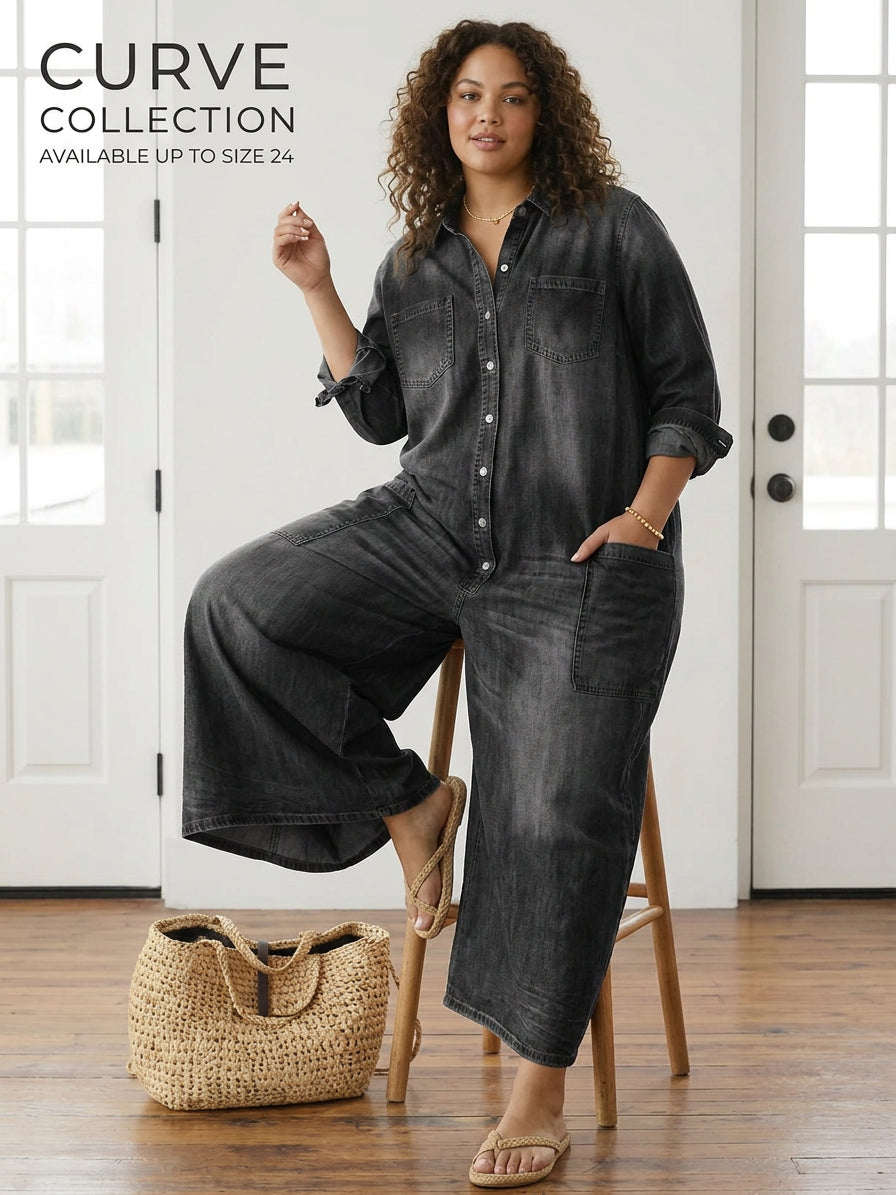 Diana | Vintage Washed Soft Cotton Denim Jumpsuit with Button Closure