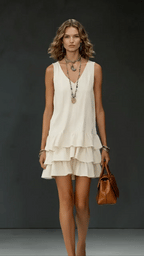 Kaia | Women's Linen V-Neck Tunic Dress with Ruffle Hem, Sleeveless Summer Dress | The Shrader Sisters | Pink