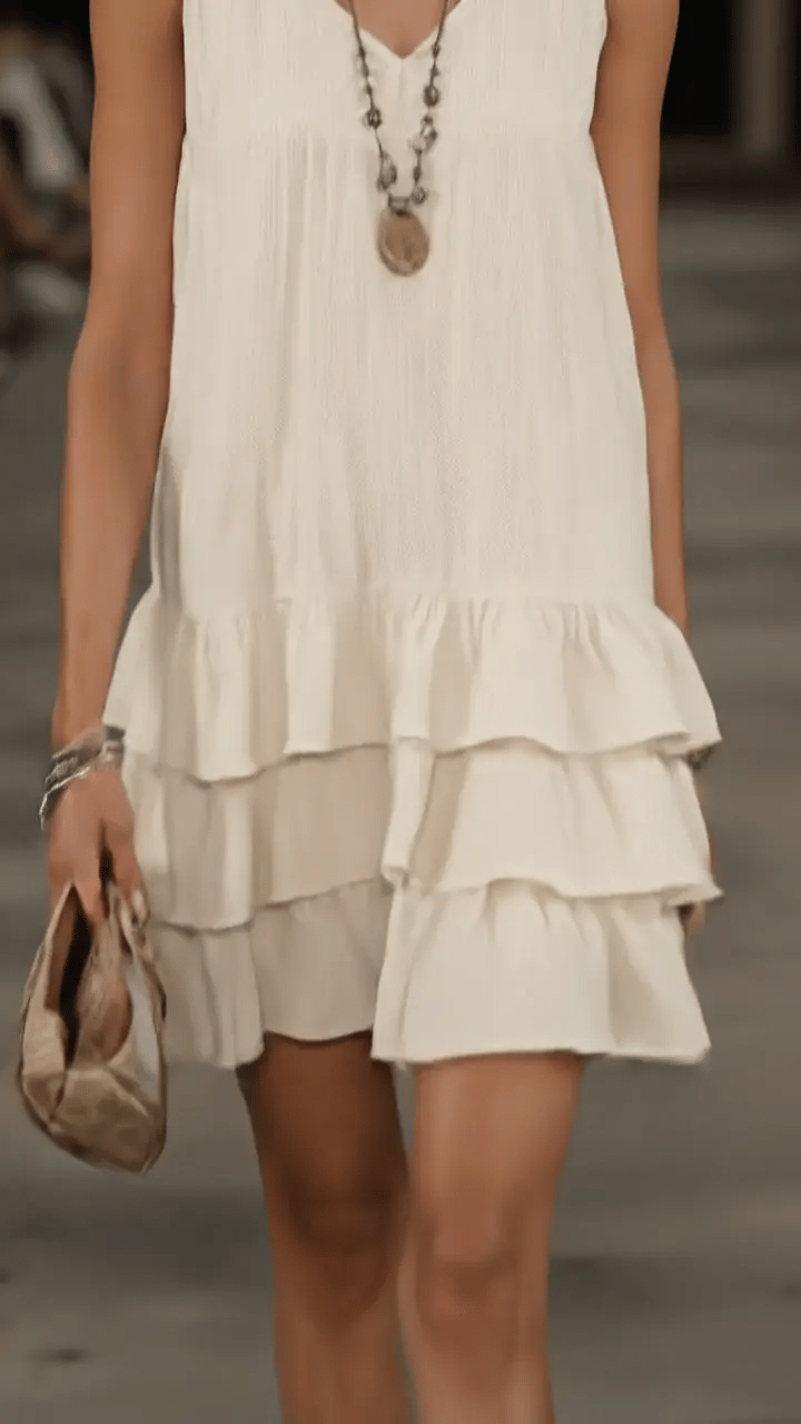 Kaia | Women's Linen V-Neck Tunic Dress with Ruffle Hem, Sleeveless Summer Dress | The Shrader Sisters | Grey