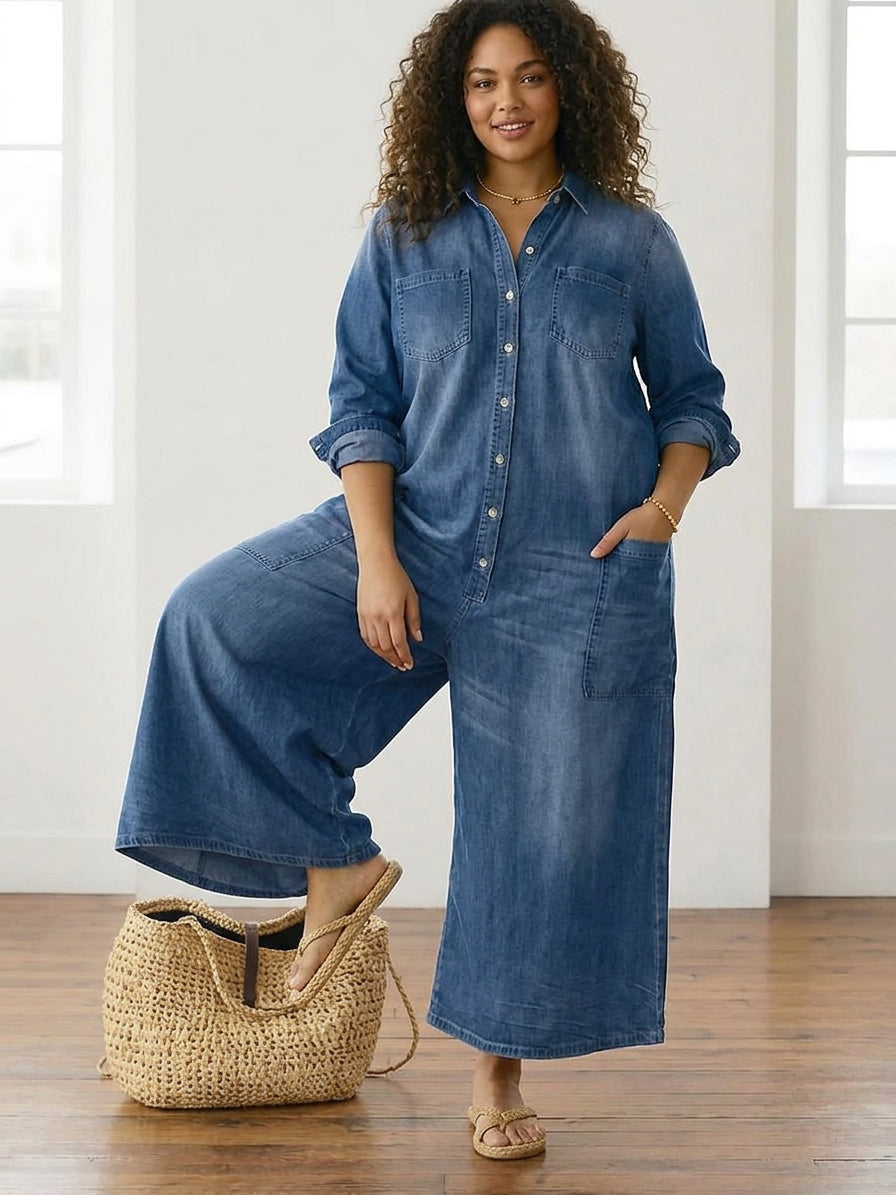 Diana | Vintage Washed Soft Cotton Denim Jumpsuit with Button Closure