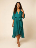 Paige | Women's Flowy Midi Wrap Dress with Tie Waist, V-Neck Midi Dress | The Shrader Sisters | Groen