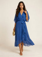 Paige | Women's Flowy Midi Wrap Dress with Tie Waist, V-Neck Midi Dress | The Shrader Sisters | Zwart