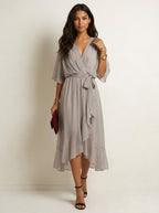 Paige | Women's Flowy Midi Wrap Dress with Tie Waist, V-Neck Midi Dress | The Shrader Sisters | Blauw