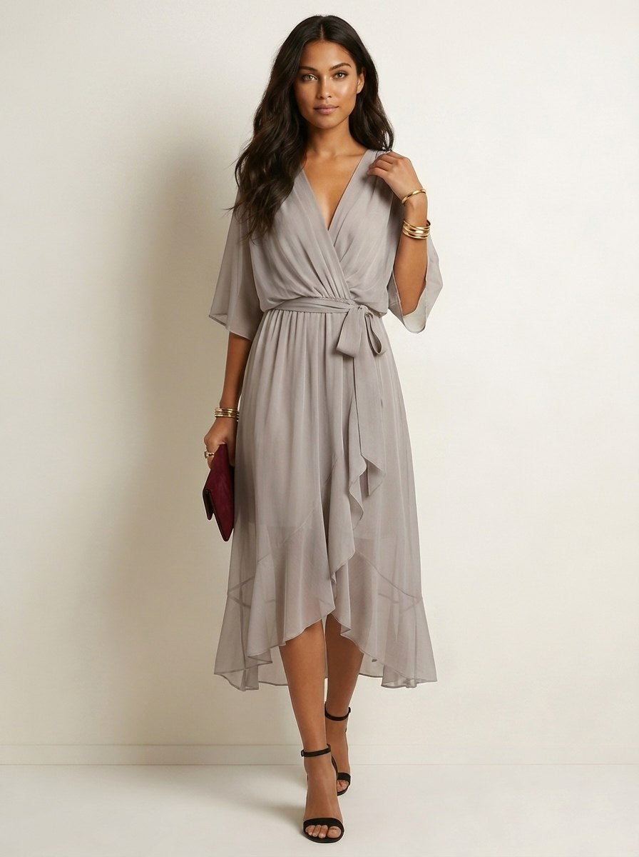 Paige | Women's Flowy Midi Wrap Dress with Tie Waist, V-Neck Midi Dress | The Shrader Sisters | Blauw