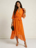 Paige | Women's Flowy Midi Wrap Dress with Tie Waist, V-Neck Midi Dress | The Shrader Sisters | Donkerpaars