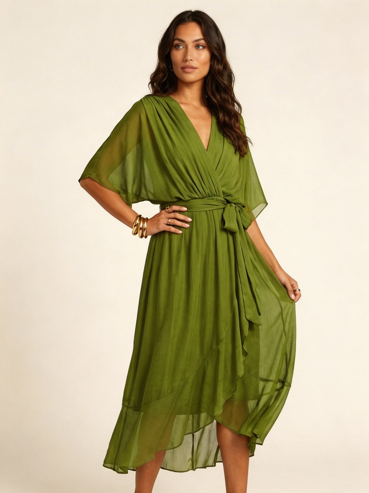Paige | Women's Flowy Midi Wrap Dress with Tie Waist, V-Neck Midi Dress | The Shrader Sisters | Grijs