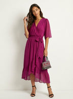 Paige | Women's Flowy Midi Wrap Dress with Tie Waist, V-Neck Midi Dress | The Shrader Sisters | Wit