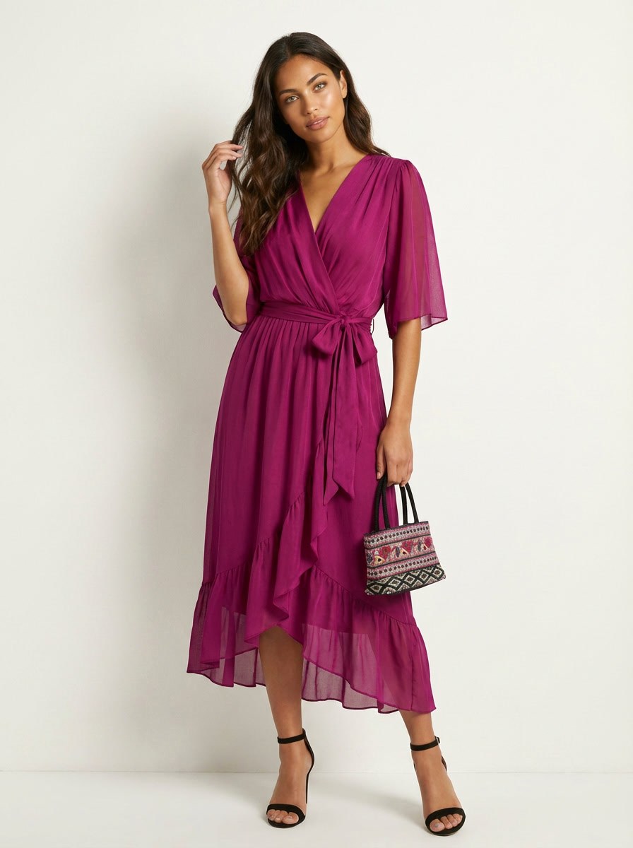 Paige | Women's Flowy Midi Wrap Dress with Tie Waist, V-Neck Midi Dress | The Shrader Sisters | Wit