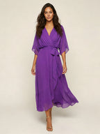 Paige | Women's Flowy Midi Wrap Dress with Tie Waist, V-Neck Midi Dress | The Shrader Sisters | Rood