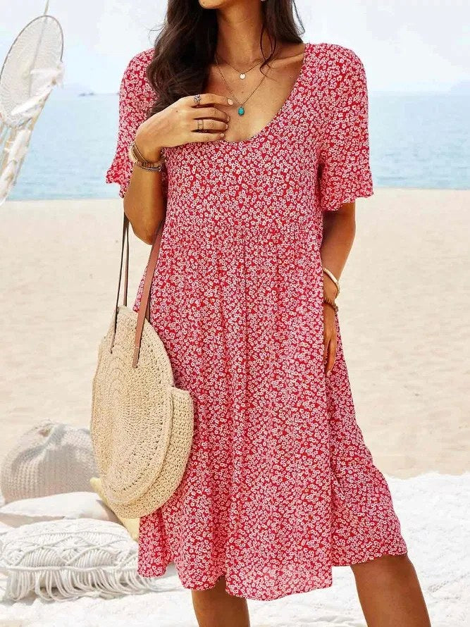 Penelope | Women's Cotton Floral Flutter Sleeve Mini Dress, Lightweight Summer Dress for Holidays and Resort Wear, Lightweight Summer Dress for Holidays and Resort Wear - Red