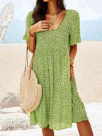 Penelope | Women's Cotton Floral Flutter Sleeve Mini Dress, Lightweight Summer Dress for Holidays and Resort Wear, Lightweight Summer Dress for Holidays and Resort Wear - Steel Blue