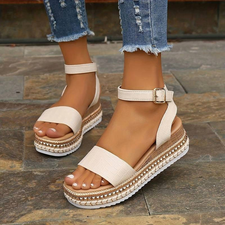 Peyton | Women's Summer Platform Sandals with Ankle Strap - Apricot