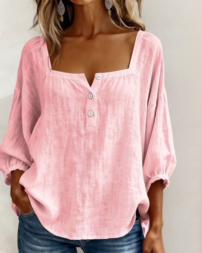 Phoebe | Women's Square Neck Blouse, Relaxed Tailored Top | The Shrader Sisters | Blue