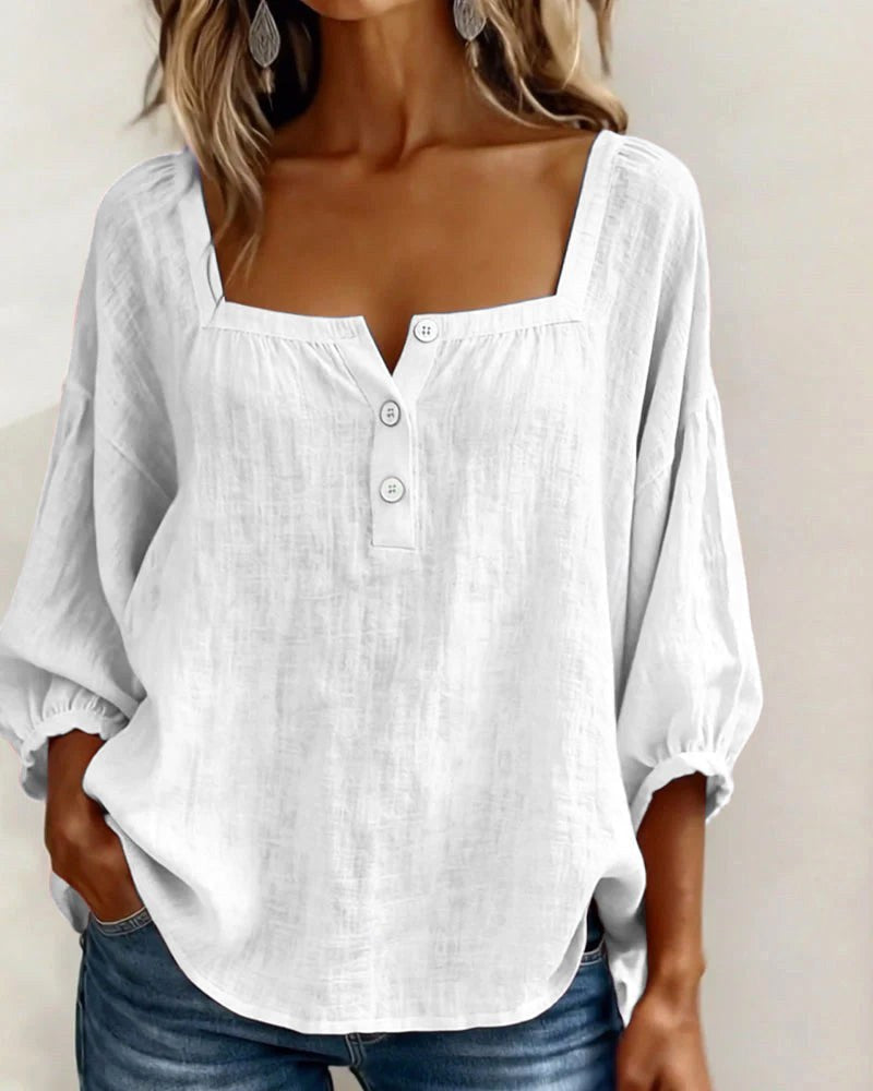 Phoebe | Women's Square Neck Blouse, Relaxed Tailored Top | The Shrader Sisters