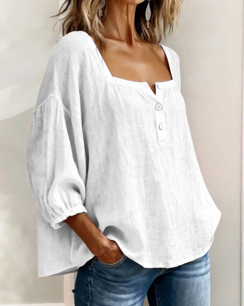Phoebe | Women's Square Neck Blouse, Relaxed Tailored Top | The Shrader Sisters