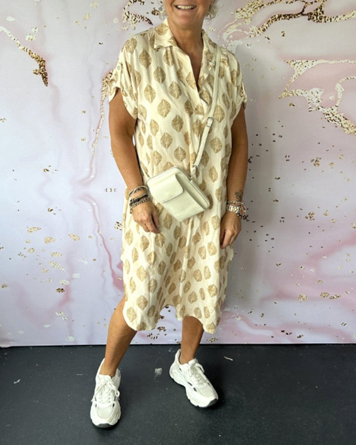 Phoebe | Women's V-Neck Printed Shirt Dress - Beige