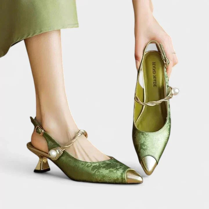 Piper | Women's Block Heel Pumps with Pearl Strap - Green