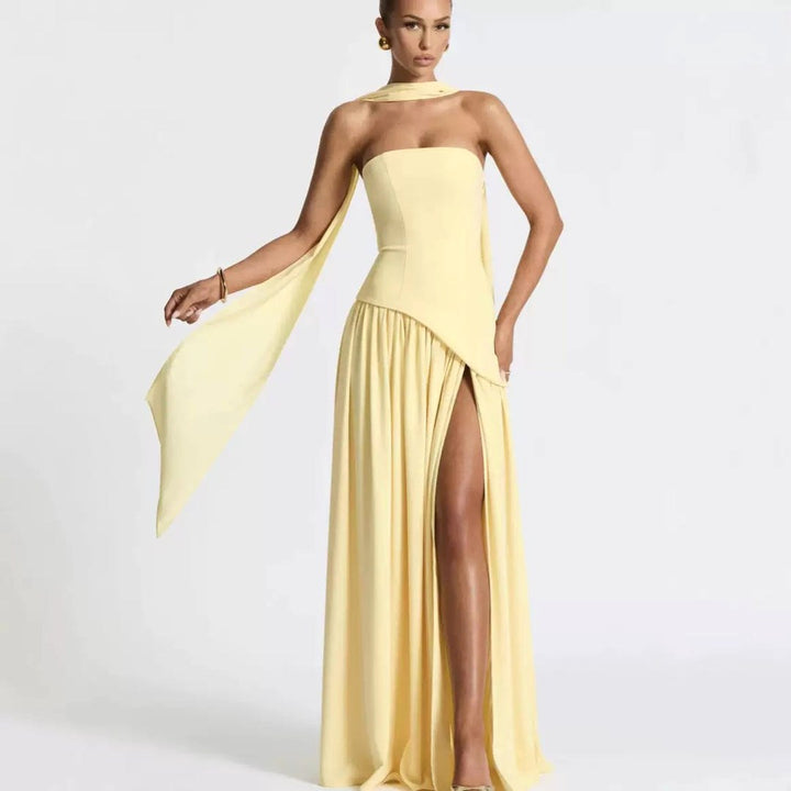 Piper | Women's Strapless Maxi Dress with High Slit, Pleated Formal Dress | The Shrader Sisters | White