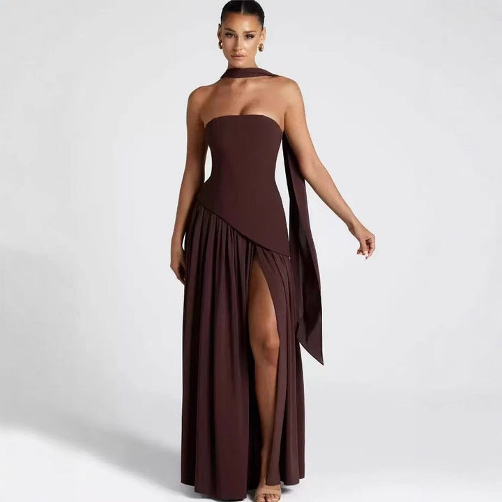 Piper | Women's Strapless Maxi Dress with High Slit, Pleated Formal Dress | The Shrader Sisters | Red
