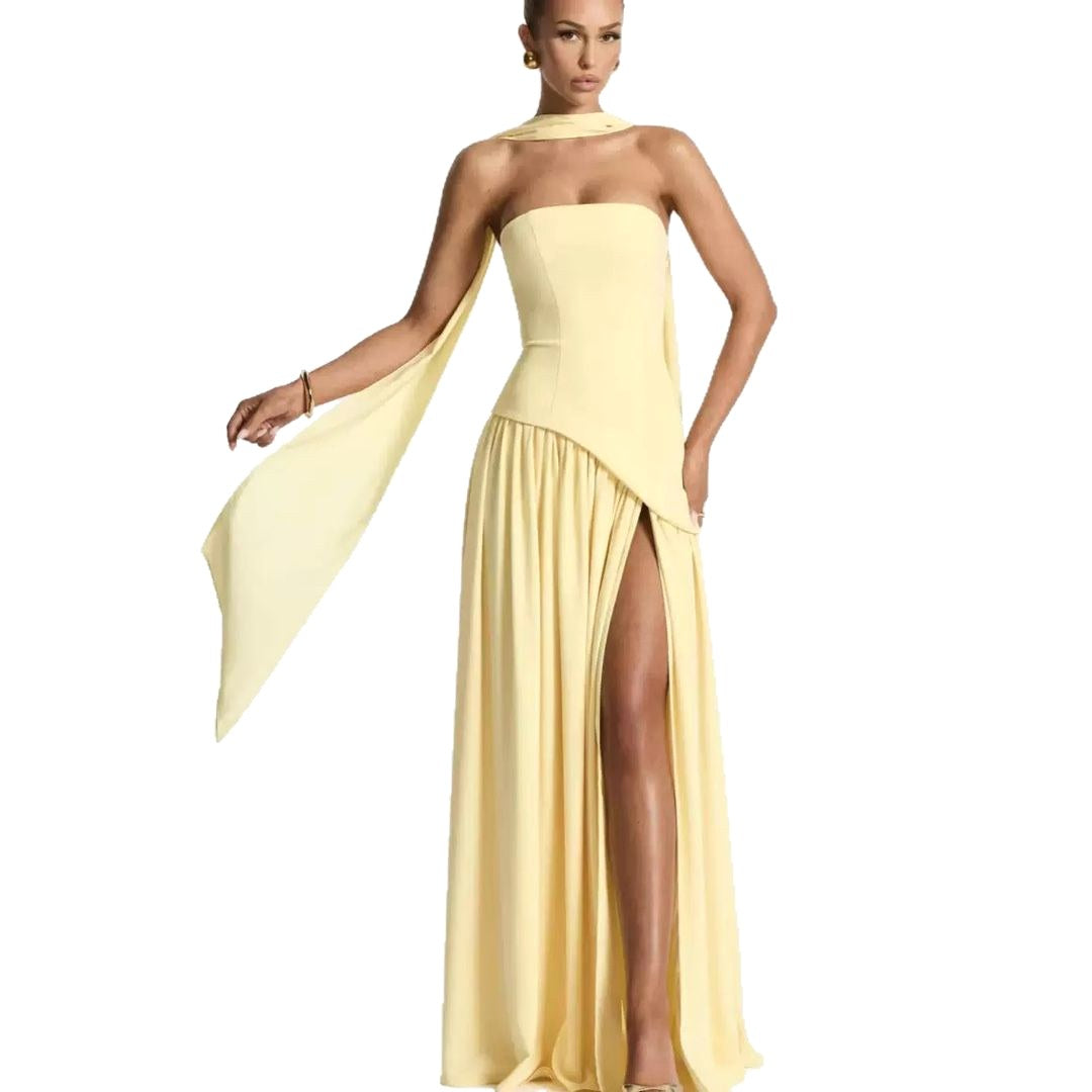 Piper | Women's Strapless Maxi Dress with High Slit, Pleated Formal Dress | The Shrader Sisters | Green