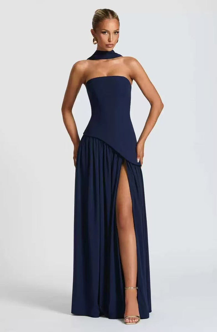Piper | Women's Strapless Maxi Dress with High Slit, Pleated Formal Dress | The Shrader Sisters | Dark blue
