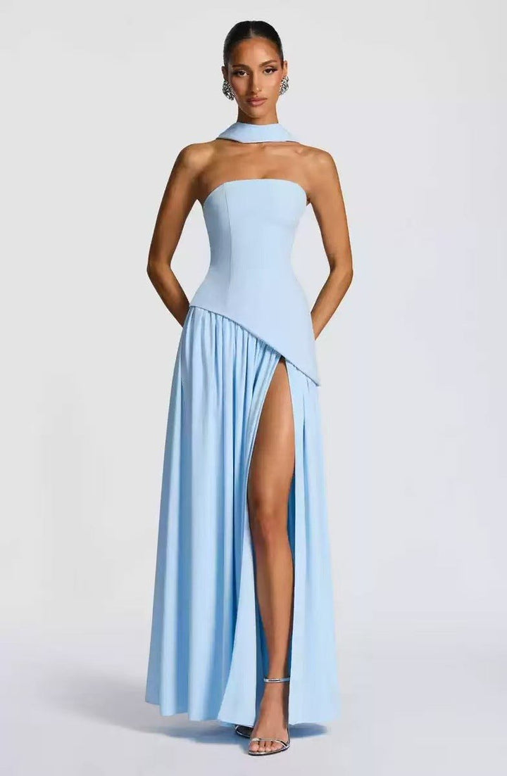 Piper | Women's Strapless Maxi Dress with High Slit, Pleated Formal Dress | The Shrader Sisters | Brown