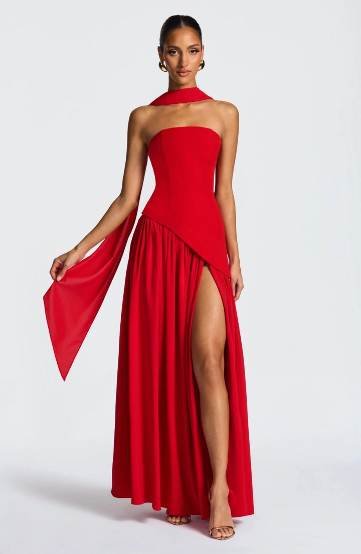Piper | Women's Strapless Maxi Dress with High Slit, Pleated Formal Dress | The Shrader Sisters | Yellow