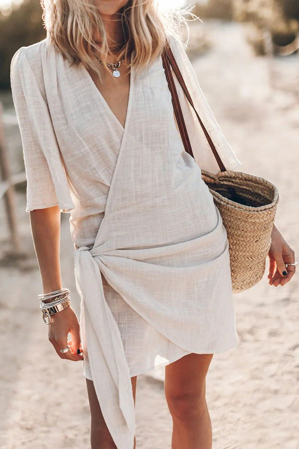 Presley | Women's Wrap Mini Dress - Beige