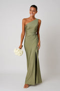 Rachael | Women's One-Shoulder Satin-Look Maxi Dress, High-Split Evening Dress | The Shrader Sisters | Groen