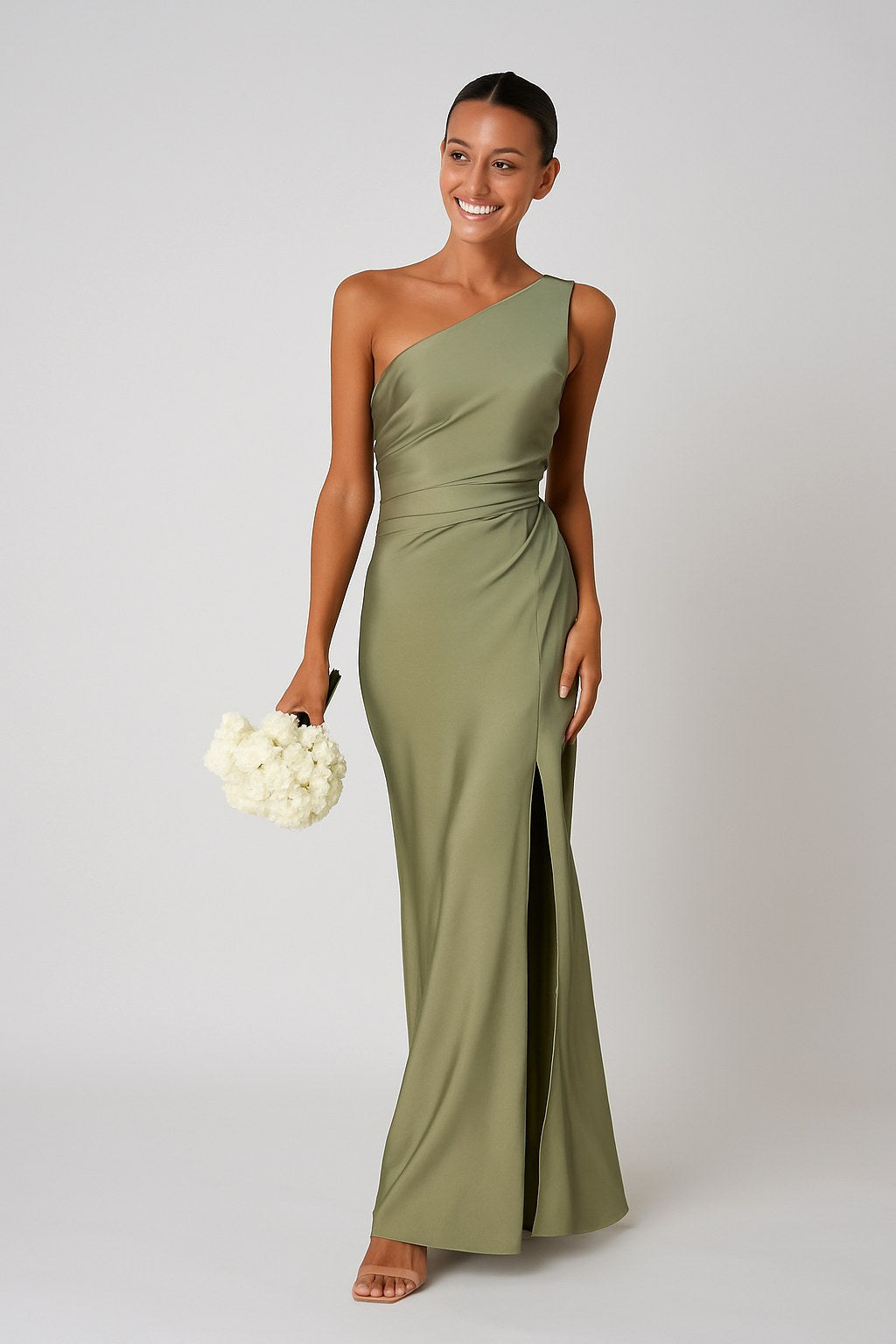 Rachael | Women's One-Shoulder Satin-Look Maxi Dress, High-Split Evening Dress | The Shrader Sisters | Groen