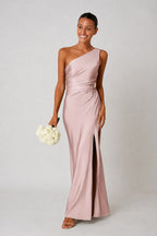 Rachael | Women's One-Shoulder Satin-Look Maxi Dress, High-Split Evening Dress | The Shrader Sisters | Zwart