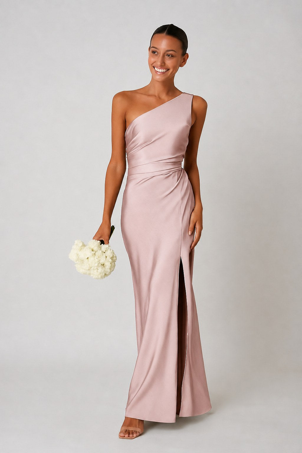 Rachael | Women's One-Shoulder Satin-Look Maxi Dress, High-Split Evening Dress | The Shrader Sisters | Zwart