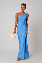 Rachael | Women's One-Shoulder Satin-Look Maxi Dress, High-Split Evening Dress | The Shrader Sisters