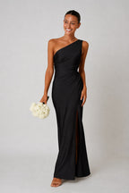 Rachael | Women's One-Shoulder Satin-Look Maxi Dress, High-Split Evening Dress | The Shrader Sisters