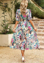 Rachel | Women's Elegant Floral Midi Dress, Flowy Summer Occasionwear for Holidays and Special Events, Flowy Summer Occasionwear for Holidays and Special Events - Blue