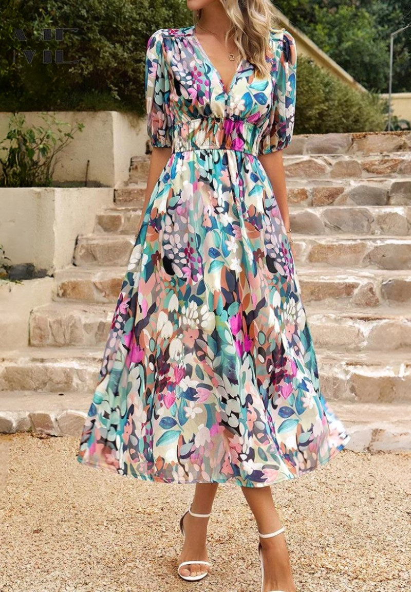 Rachel | Women's Elegant Floral Midi Dress, Flowy Summer Occasionwear for Holidays and Special Events, Flowy Summer Occasionwear for Holidays and Special Events - Black