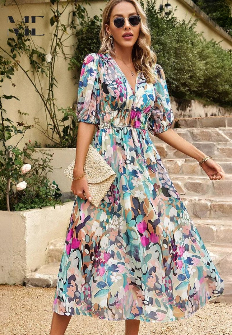 Rachel | Women's Elegant Floral Midi Dress, Flowy Summer Occasionwear for Holidays and Special Events, Flowy Summer Occasionwear for Holidays and Special Events - Pink