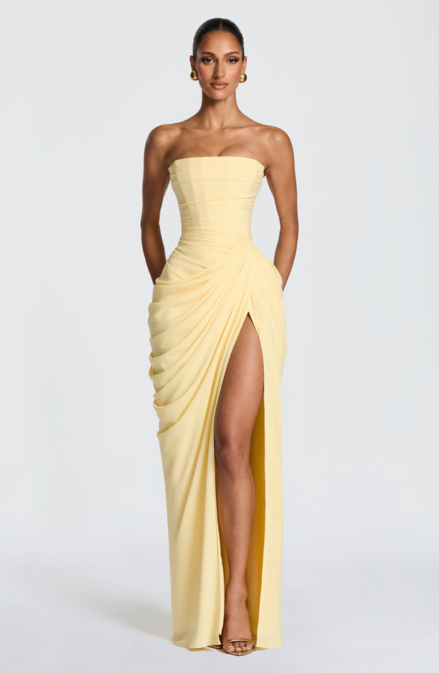 Remi | Women's Strapless Maxi Dress with Ruched Waist, Draped Evening Dress | The Shrader Sisters | Yellow
