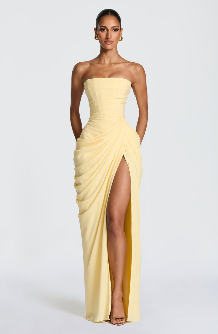 Remi | Women's Strapless Maxi Dress with Ruched Waist, Draped Evening Dress | The Shrader Sisters | Yellow